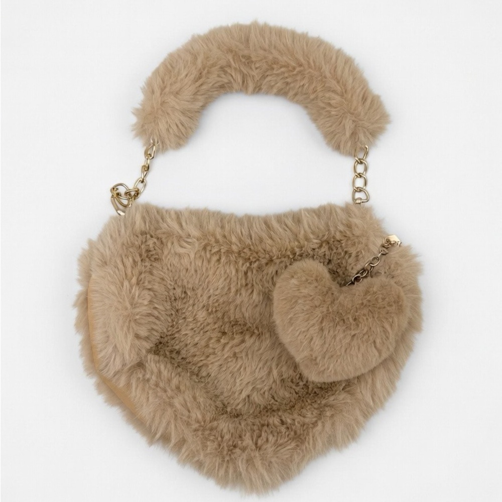 SHEIN Tan Faux Fur Satchel with Heart Charm